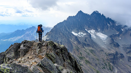 Hiker in Caucasus mountains. Georgia, region Gudauri.