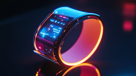 Wristwatch in neon light on black background. 3d rendering