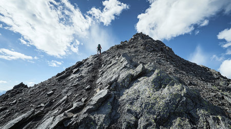 Man on top of mountain with clouds in background.