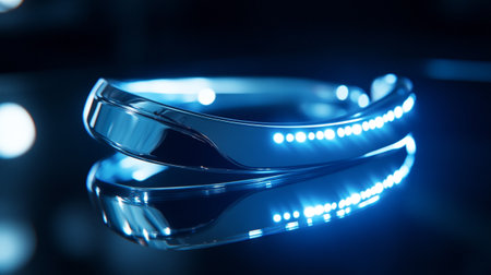 Close up of a pair of wedding rings with blue led lights.