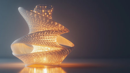 3d rendering of abstract geometric shape made of glowing lights in empty roomの写真素材