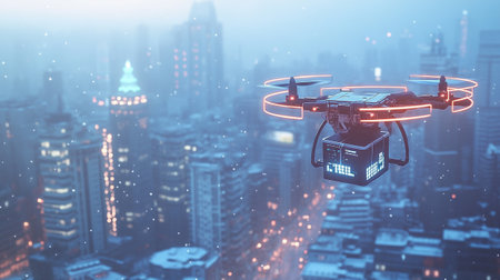 drone flying over the city at night 3d rendering mock upの写真素材