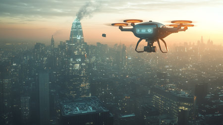 Drone flying over the city. 3D rendering and illustration.の写真素材