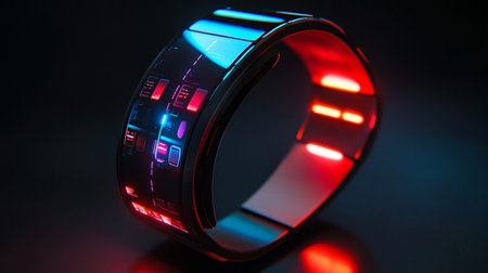 Futuristic smart watch with blue and red light on black background