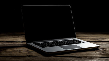 Laptop with blank screen on old wooden table and black background.