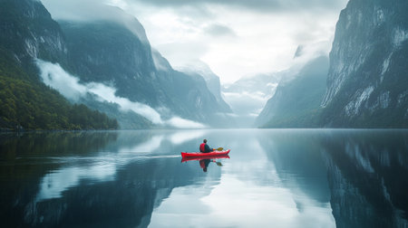 Man kayaking on a beautiful fjord landscape in Norway.の写真素材