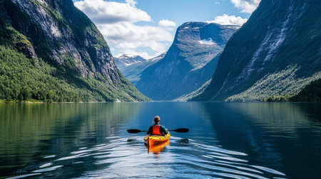 Tourism vacation and travel. Woman kayaking on fjord in Norway Scandinavia Europe.の写真素材