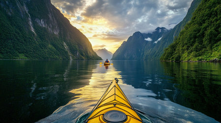 Kayak on the fjord in Milford Sound, New Zealandの写真素材