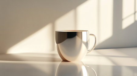 coffee cup on the table with sunlight and shadow on the wallの写真素材