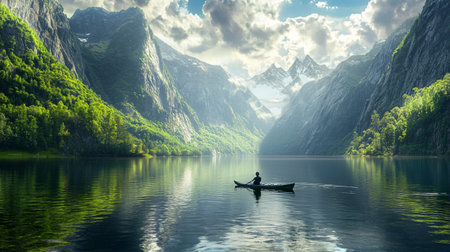 Man in a canoe on the lake with mountains in the background.の写真素材