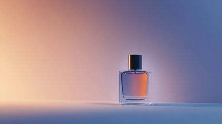 Perfume bottle on blue and orange background. 3D renderingの写真素材