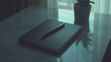 Notebook and pen on the table in the office, business concept