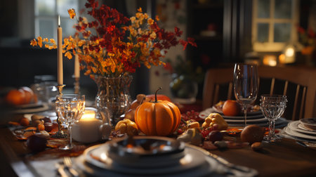 Autumn table setting with pumpkins and candlesticks, selective focusの写真素材