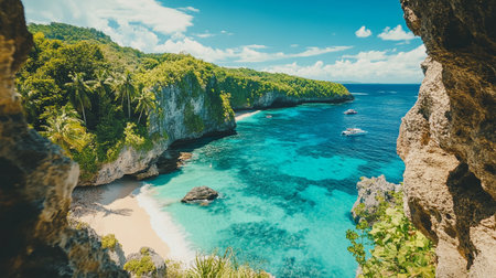 Aerial view of beautiful tropical beach with turquoise water and white sand