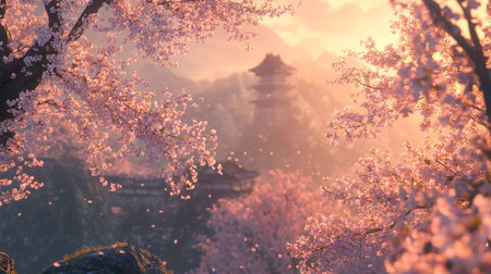 Cherry blossoms and pagoda in the morning, Chiang Mai, Thailandの写真素材