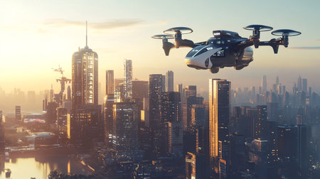 Drone flying over the city at sunset. 3D rendering.