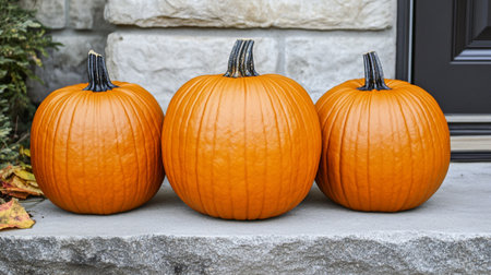 Three orange pumpkins on a stone bench in front of a stone wallの写真素材