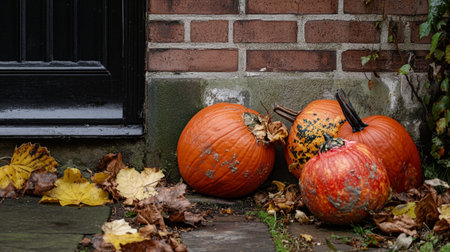 Two pumpkins and autumn leaves in front of a brick wall.