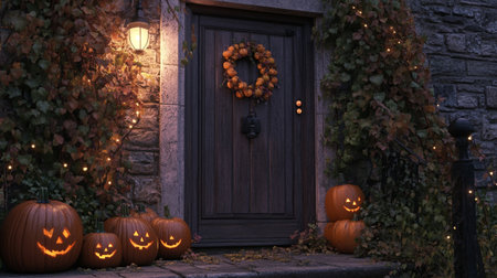 Halloween pumpkins in front of a door at night. 3D rendering.の写真素材