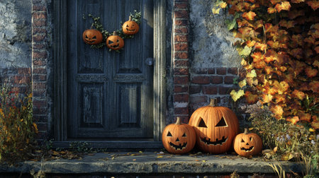 Halloween pumpkins in front of old door - 3D renderの写真素材