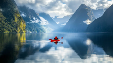 Man kayaking on Milford Sound, Fiordland National Park, New Zealandの写真素材