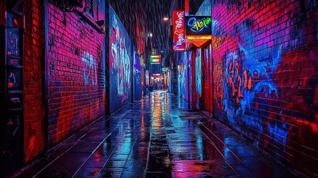 Night view of an alley in New York City with neon signs.の写真素材