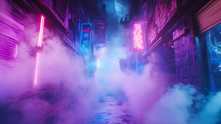 Futuristic dark corridor with neon lights and a lot of smokeの写真素材