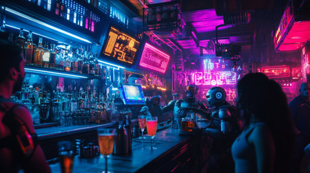 Bar counter in night club with neon lights and people silhouettes.の写真素材