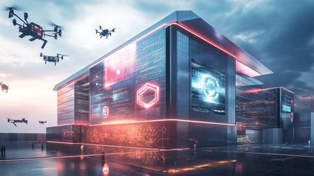 3D rendering of a big data center with flying drones and servers