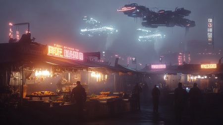 Foggy night market in Hong Kong, China. Night viewの写真素材