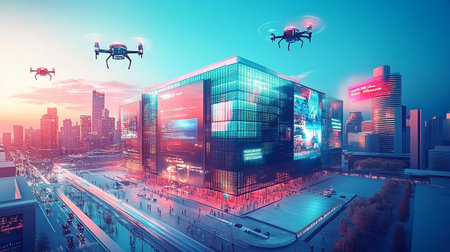 Drone flying over modern city at sunset, 3d rendering.