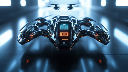 3d rendering of a robot in a futuristic space station with neon lightsの写真素材