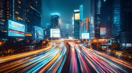 the light trails on the modern building background in shanghai china.の写真素材