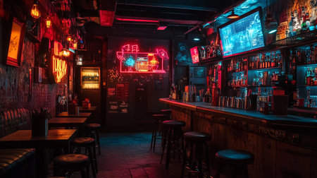 Bar counter in a nightclub with neon signs. Nightlife concept.の写真素材