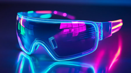 3d illustration of virtual reality glasses in blue and pink neon light