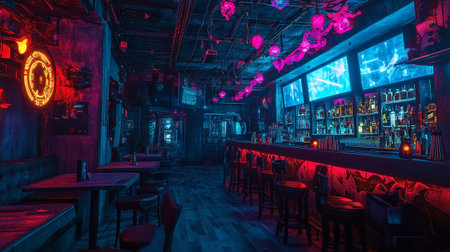 The interior of a night club with neon lights. Night club.