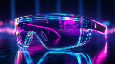 3d rendering of virtual reality glasses on dark background with neon light