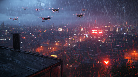 Drone flying in the night sky over the city with rain.
