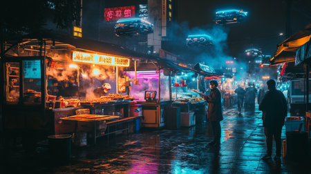 Unidentified people walking at night street food market in Bangkok, Thailand.の写真素材