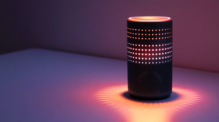 3d rendering of a cylindrical black speaker with led lightsの写真素材