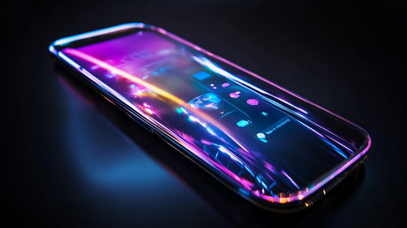 Smartphone with blue and pink led light on a black background.の写真素材