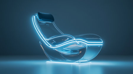 Glowing neon armchair in dark room. 3D Renderingの写真素材