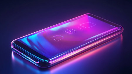 Smartphone with blue and pink neon light. 3D rendering.