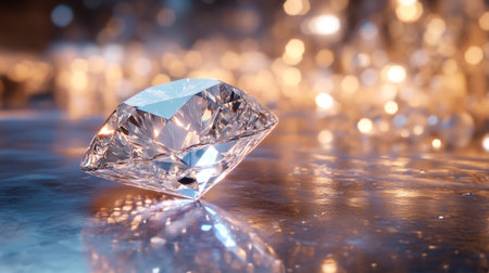 Brilliant diamond on a reflective surface with bokeh backgroundの写真素材