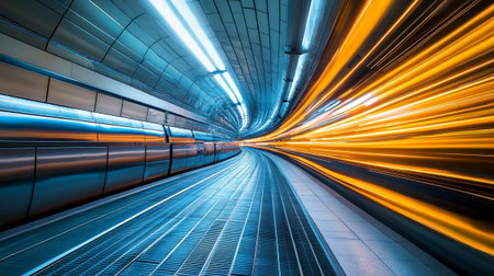 Motion blur of moving car in tunnel. Concept of speed and motion.の写真素材