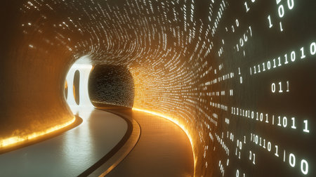 Futuristic tunnel with binary code. 3d render illustration.