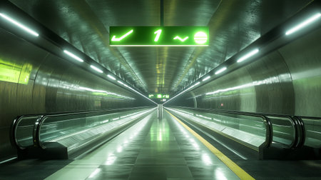 Conceptual image of an underground passage with a glowing green sign in it