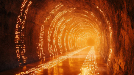 3d rendering of a tunnel with glowing lights on it and textの写真素材