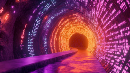 Futuristic tunnel with glowing neon lights. 3D rendering.の写真素材