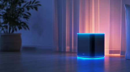 3D rendering of a blue cube in a room with a windowの写真素材